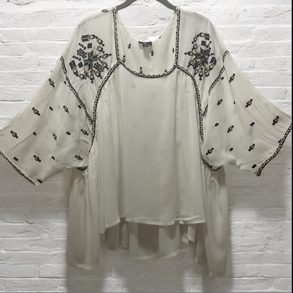 CURATIONS Chic Creamy White Women's Blouse with Black & brown Embroidery